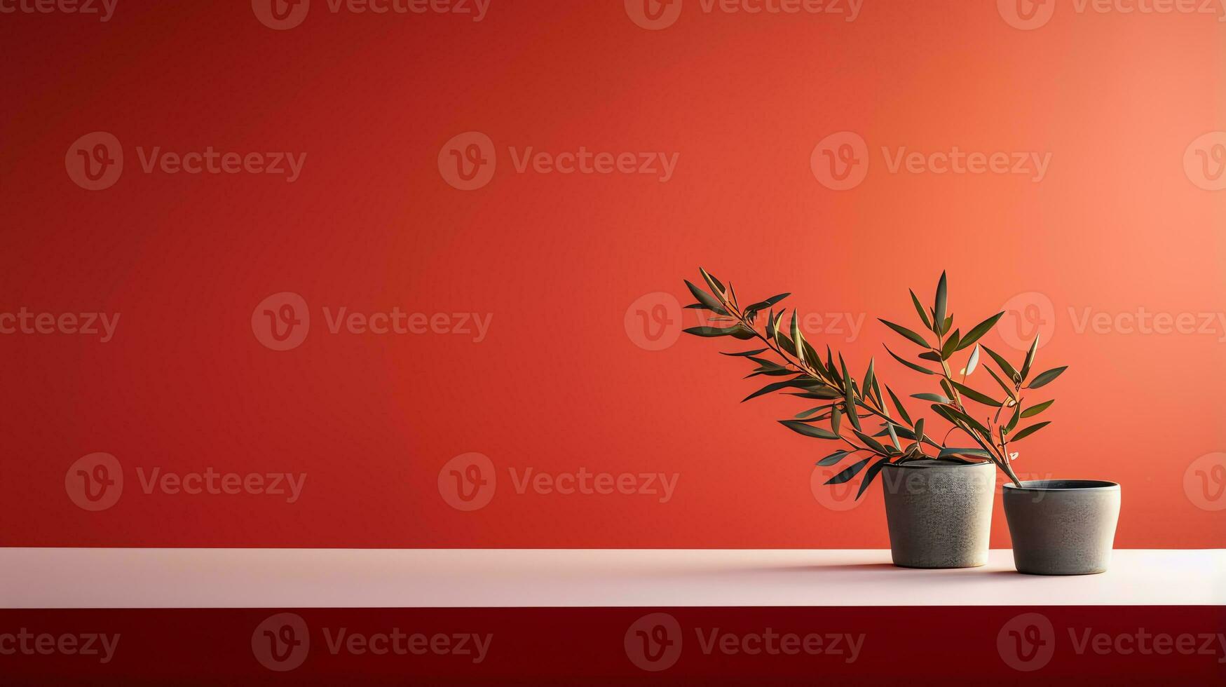 une rouge vase avec une plante dans il sur une étagère ai génératif photo