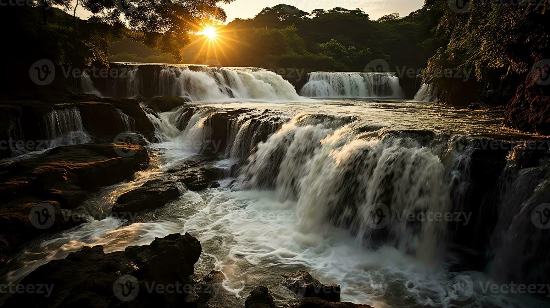 le Soleil ensembles plus de une cascade dans le milieu de une rivière ai génératif photo
