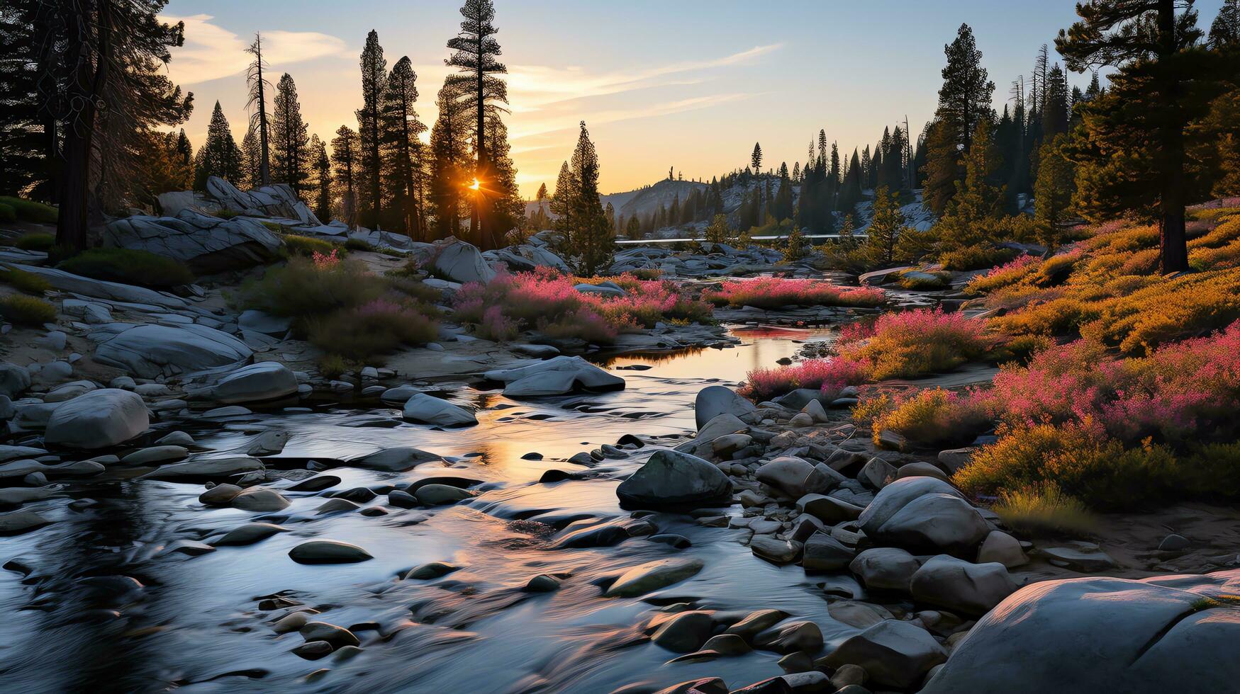 cascade à le coucher du soleil dans le forêt ai génératif photo