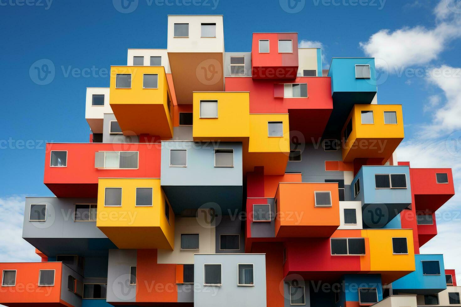 une multicolore bâtiment avec les fenêtres et balcons. génératif ai photo