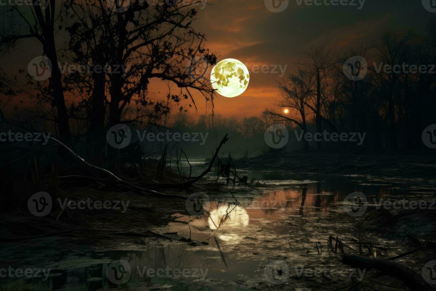 plein lune moulage un sinistre lueur sur le paysage.. génératif ai photo