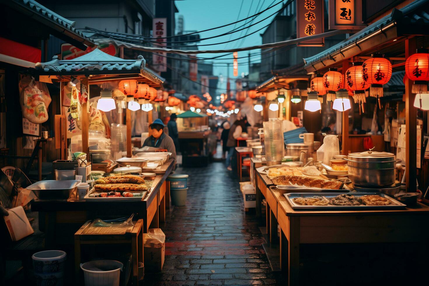 ai génératif image de une animé Japonais rue nourriture marché photo