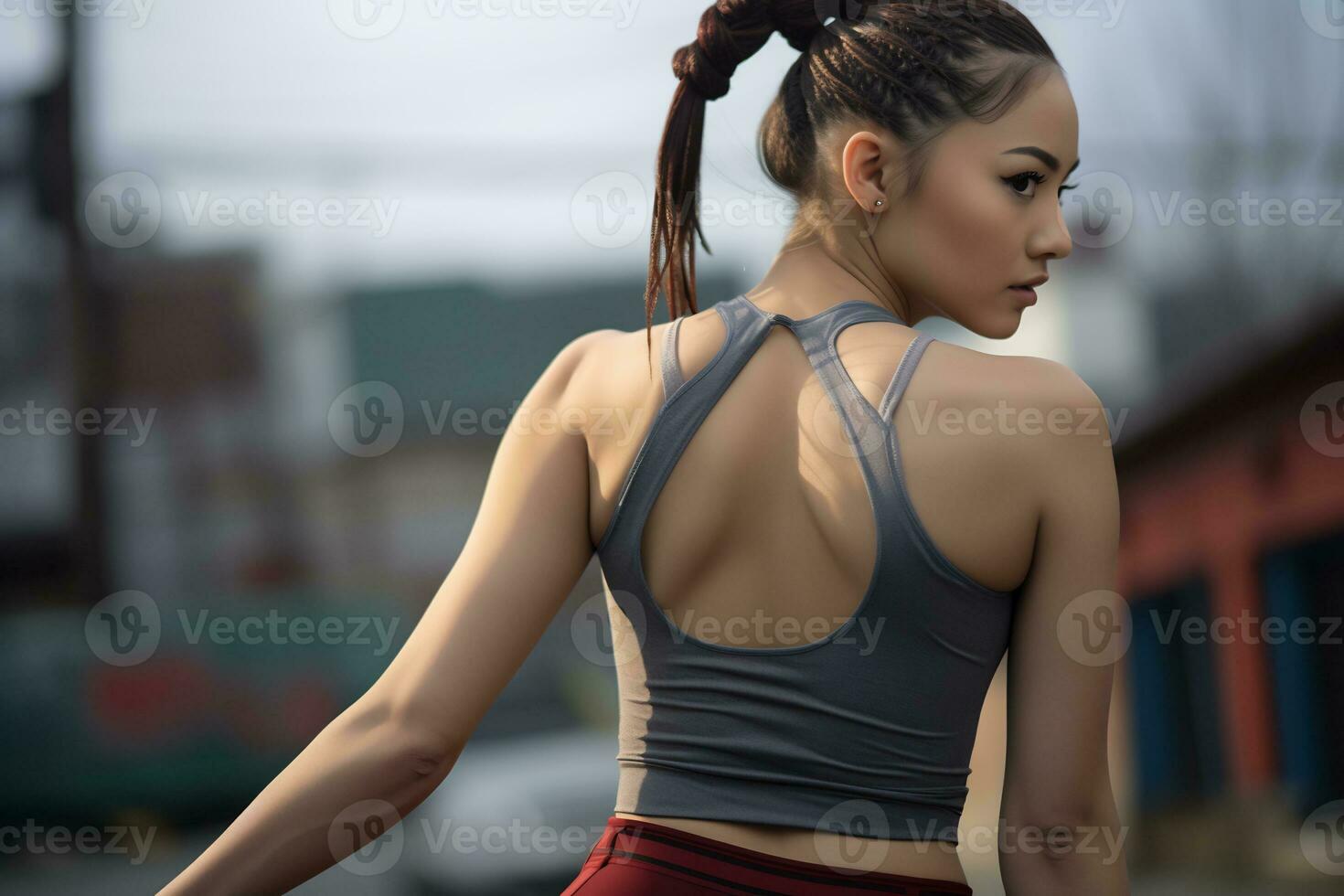 une Jeune asiatique fille avec marron cheveux tiré retour portant sport soutien-gorge ai génératif photo