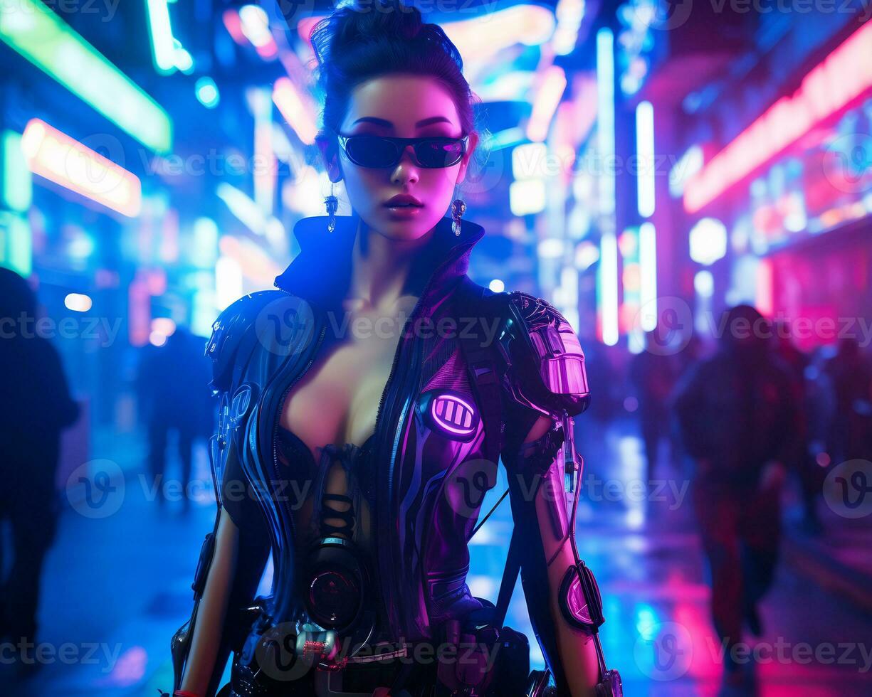 une photo de une fille dans une éclairé au néon cyberpunk tenue dans une futuriste paysage urbain à nuit ai génératif