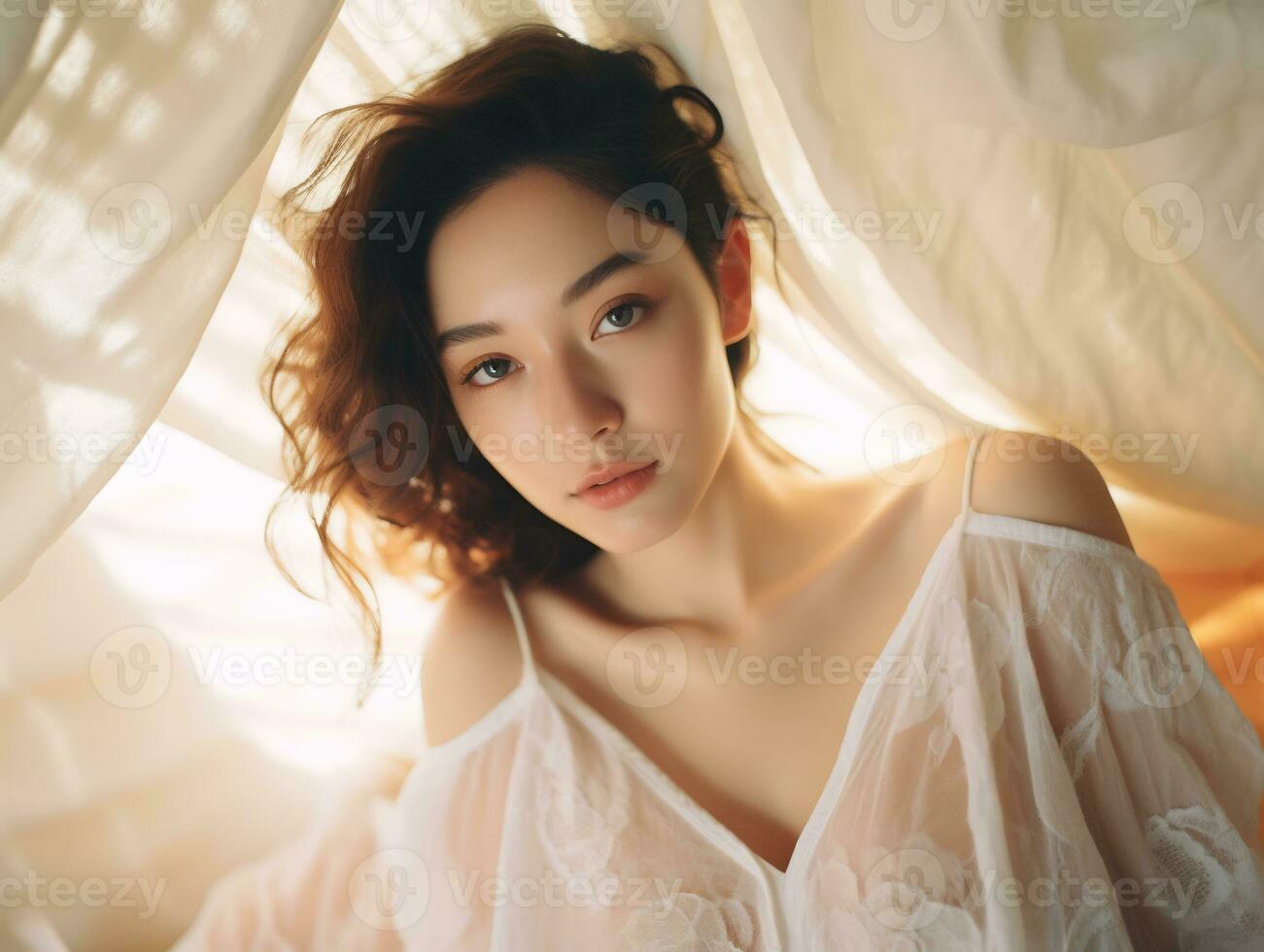 asiatique gril dans dentelle robe rayonnant Naturel beauté dans le de bonne heure Matin ai génératif photo