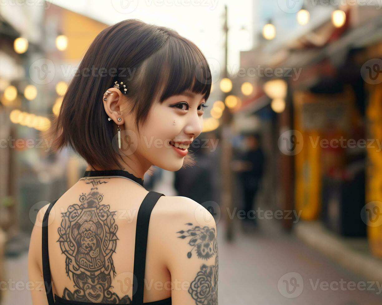 de bonne humeur coréen fille avec tatouage souriant à caméra ai génératif photo