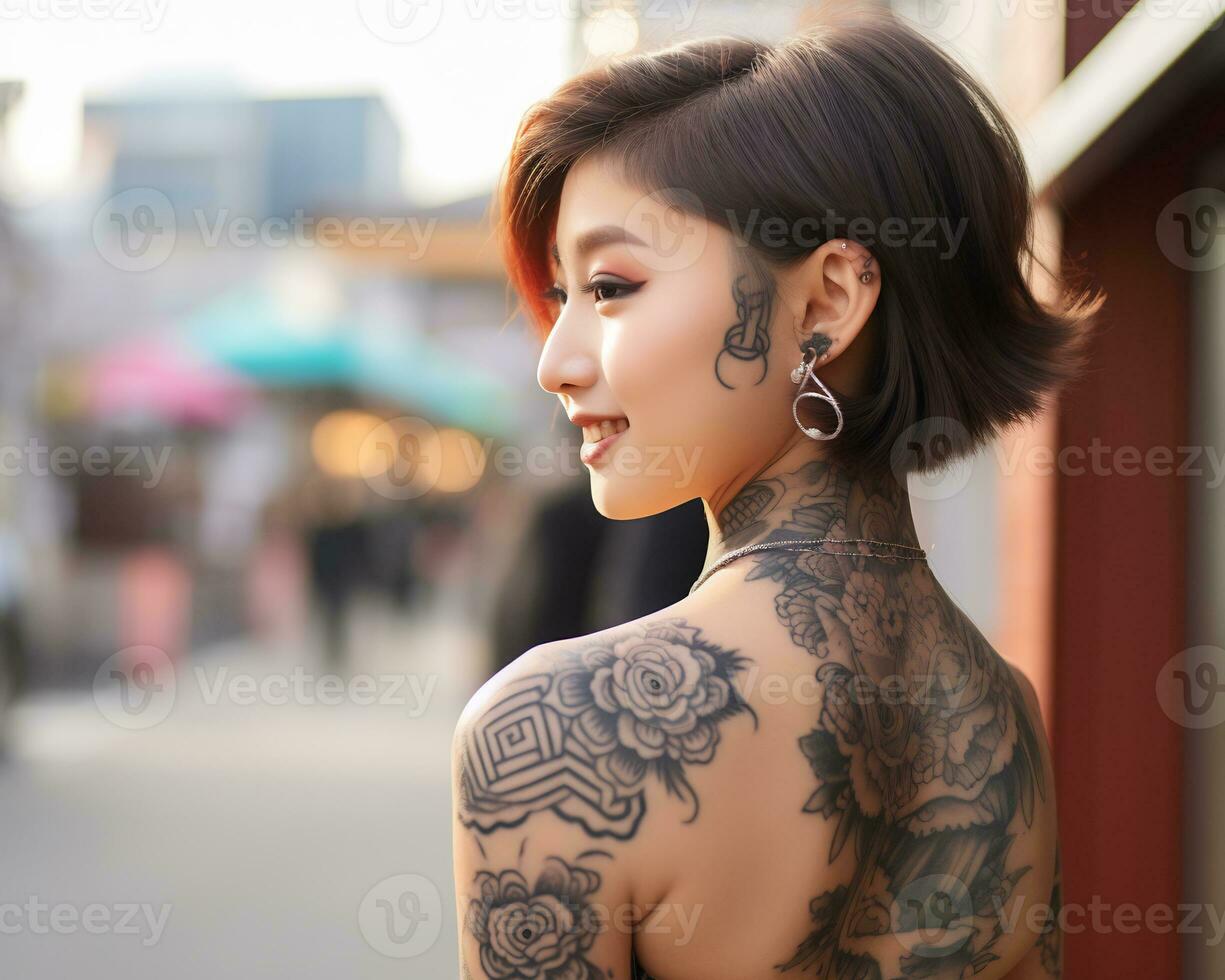 de bonne humeur coréen fille avec tatouage souriant à caméra ai génératif photo