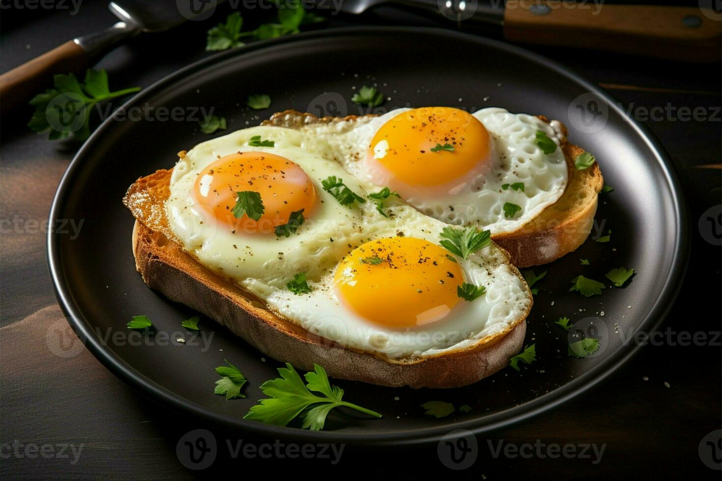 deux à la perfection frit des œufs la grâce le petit déjeuner assiette pour une satisfaisant repas ai généré photo