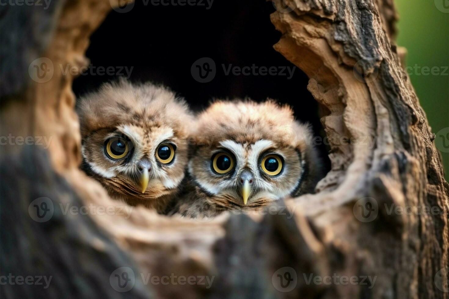 curieuse bébé chouettes dans une arbre trou nid, offre copie espace ai généré photo