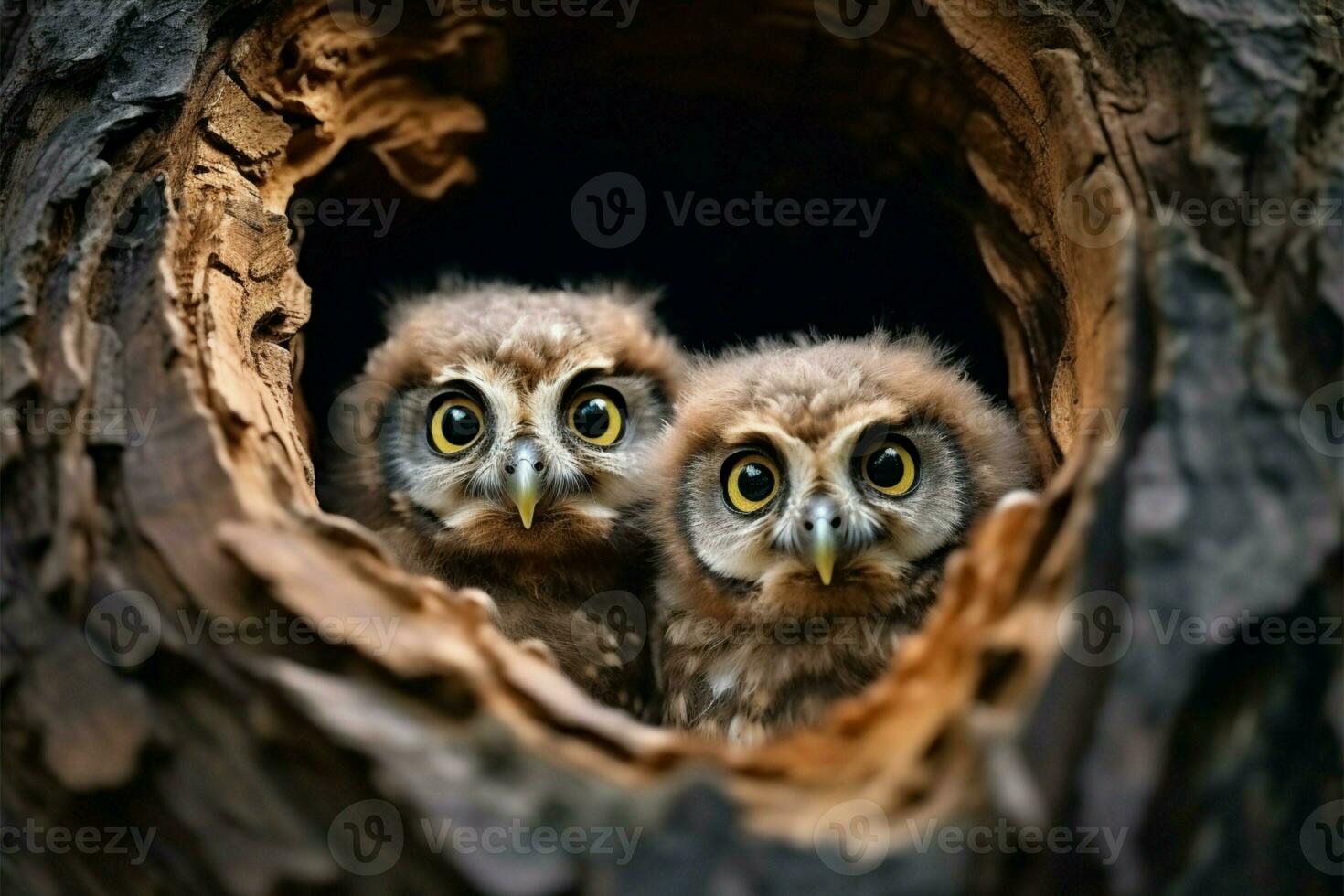 curieuse bébé chouettes dans une arbre trou nid, offre copie espace ai généré photo