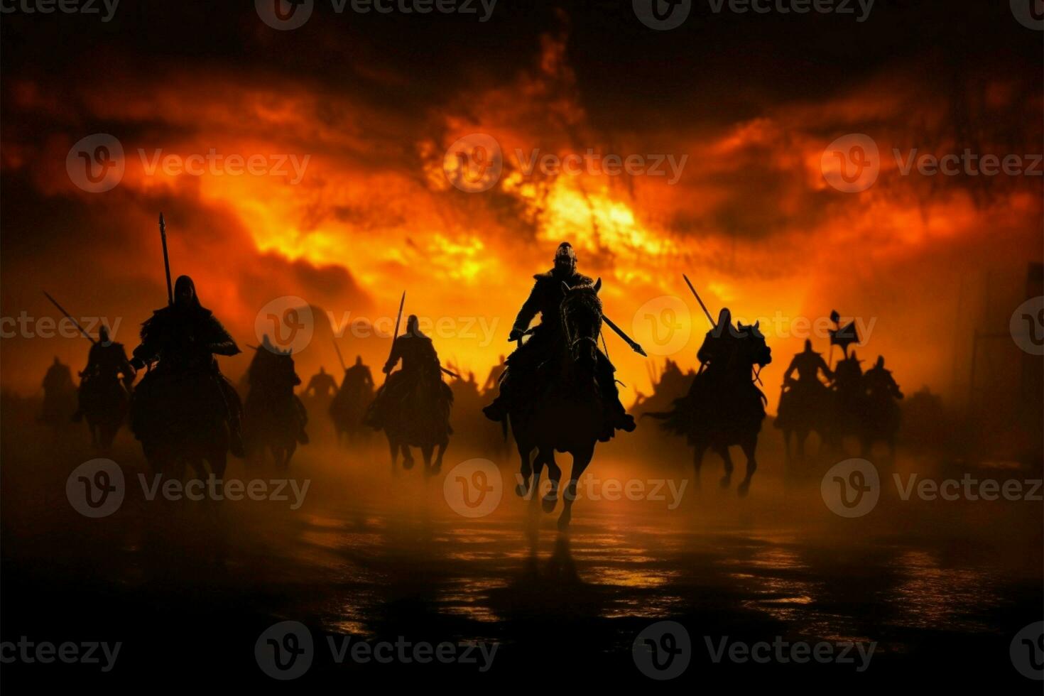 sombre médiéval champ de bataille, silhouettes de cavalerie et infanterie fermé à clé dans combat ai généré photo