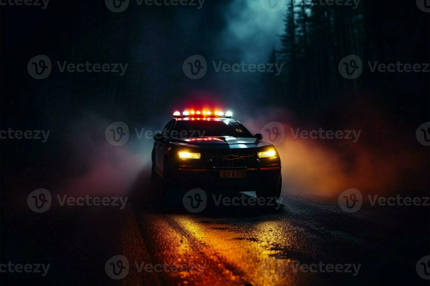 urgence police voiture les courses par le brouillard, poursuivre une véhicule ai généré photo