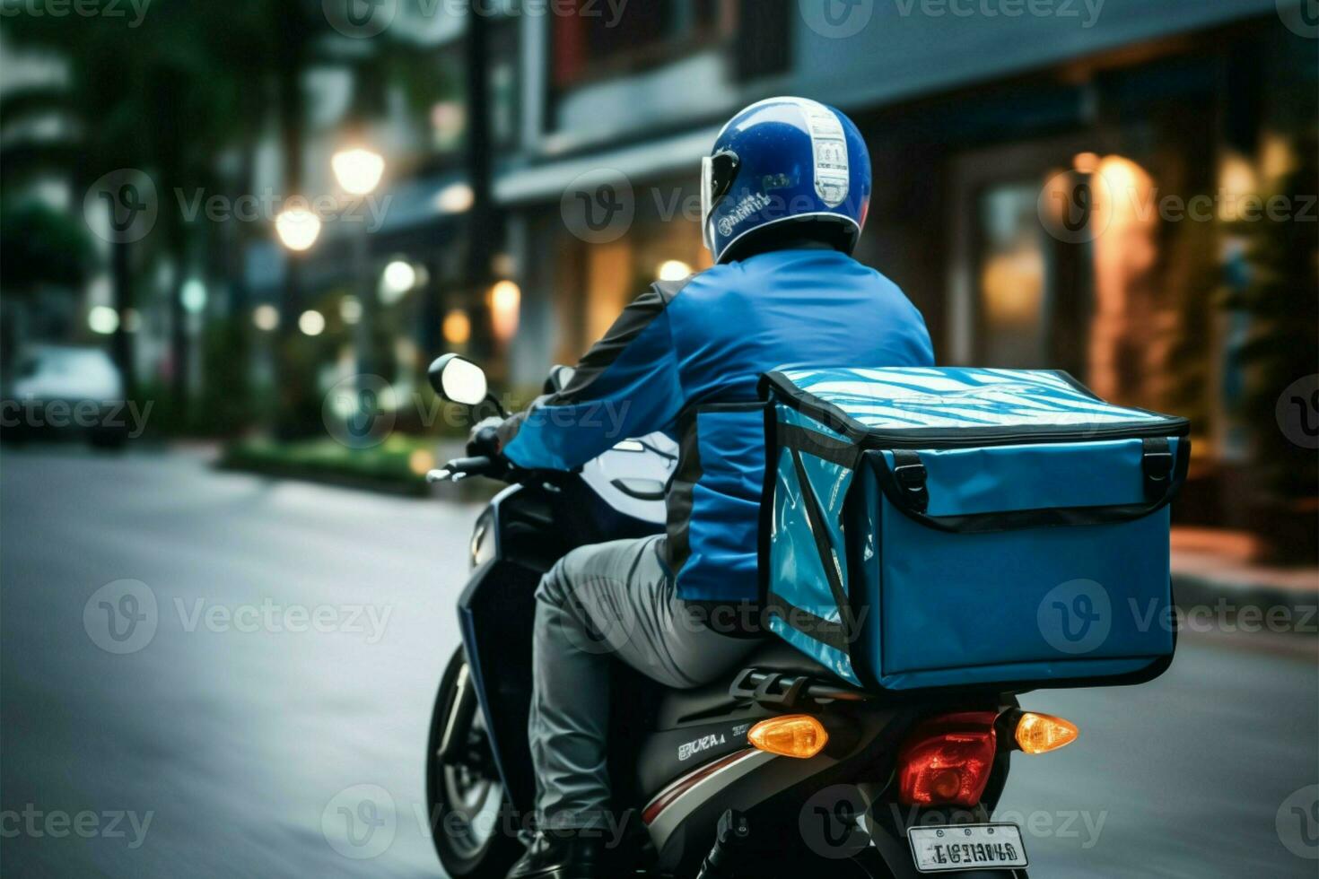 Express un service livraison homme dans bleu uniforme monte moto rapidement ai généré photo