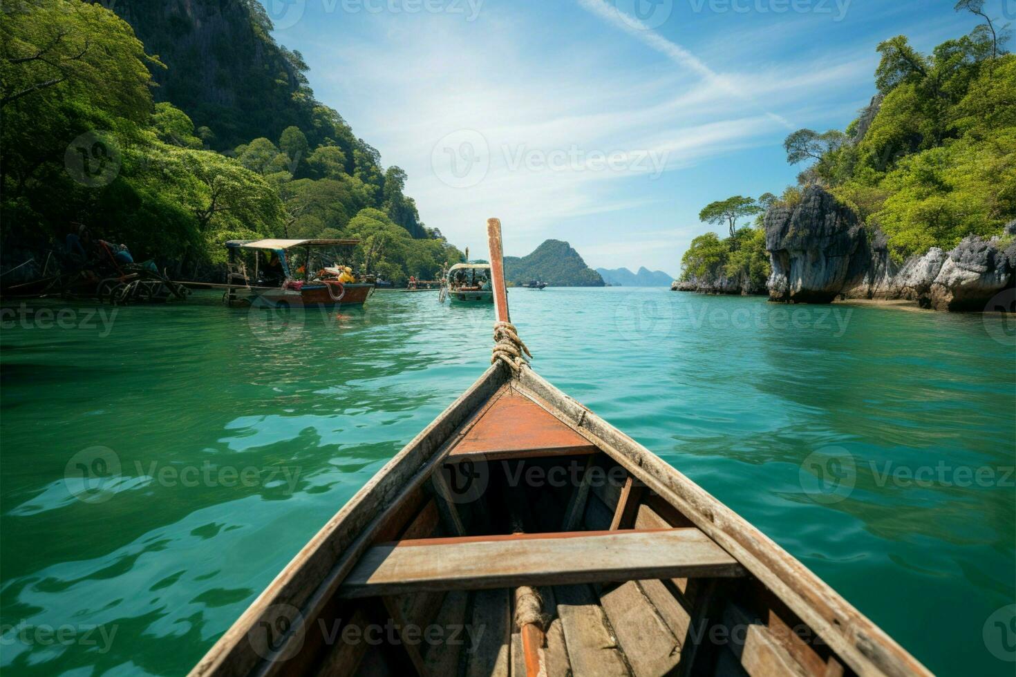 île et mer vues se dérouler pendant une longue queue bateau aventure ai généré photo