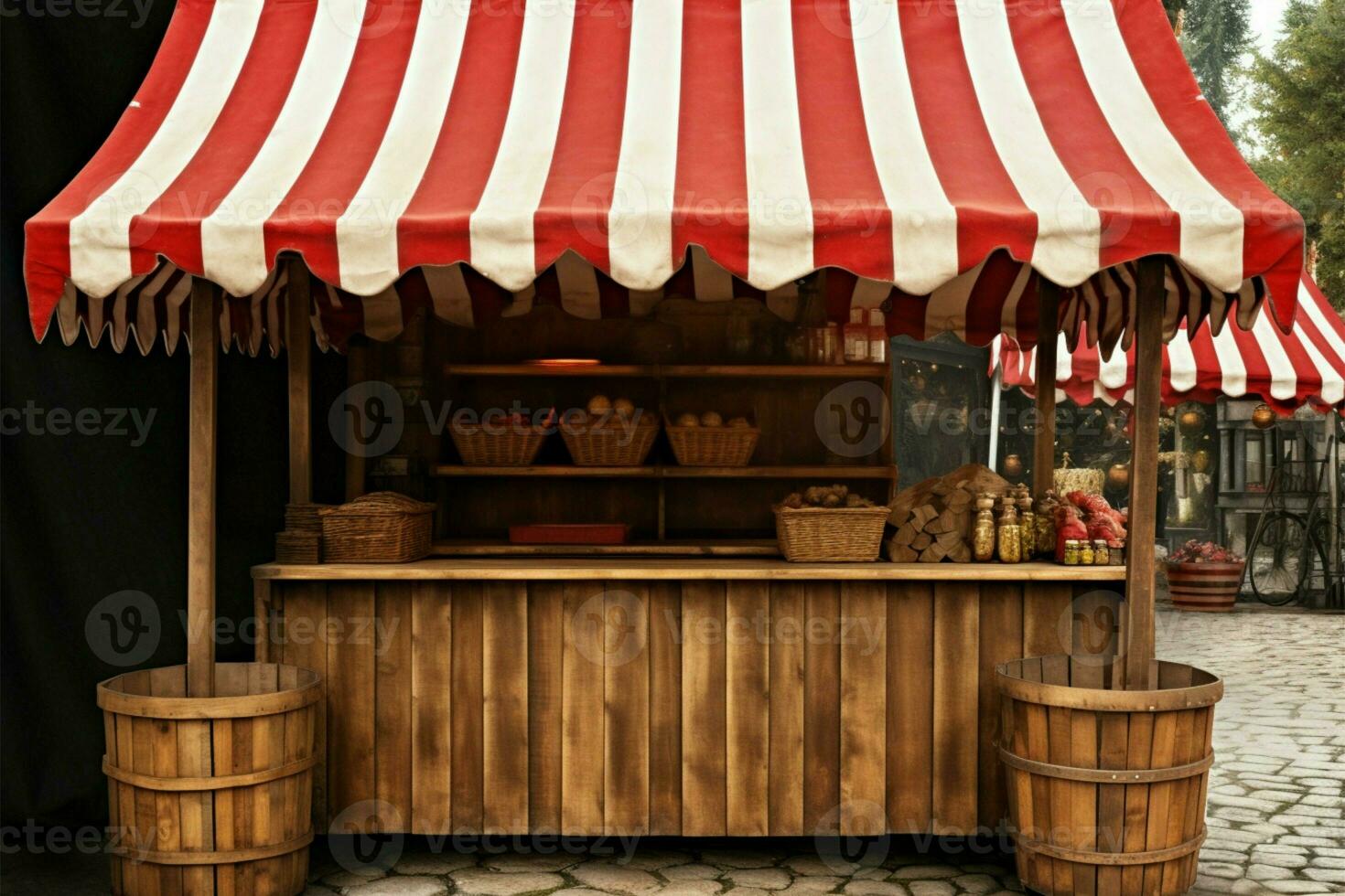 une rustique marché stalle avec une traditionnel rouge blanc rayé canopée ai généré photo