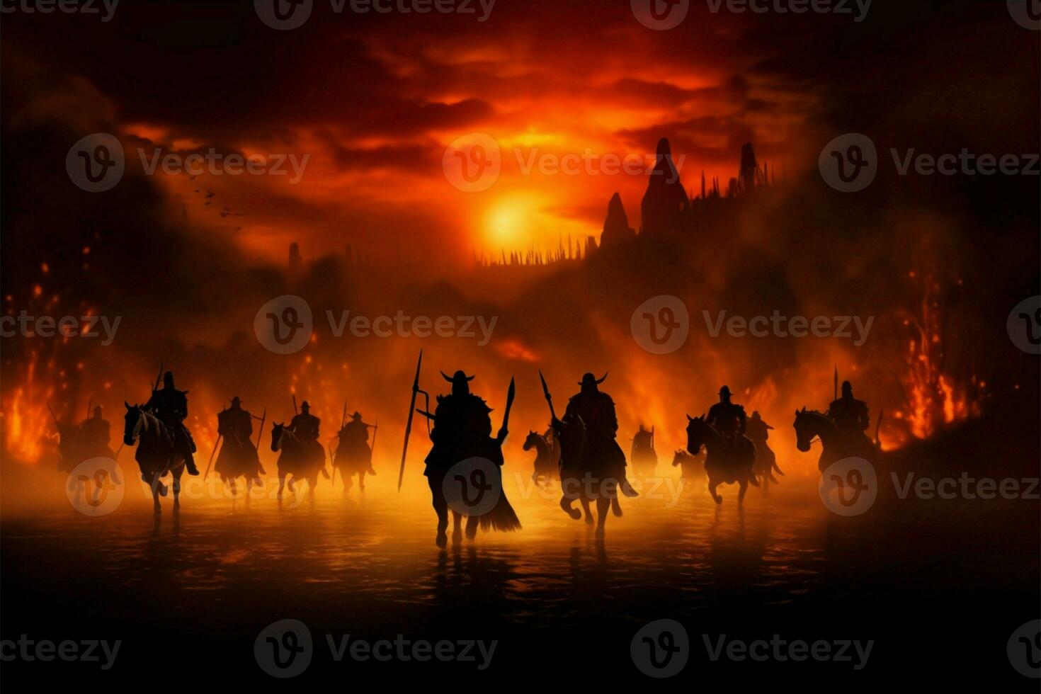 nocturne médiéval bataille, silhouette cavalerie et infanterie salaire guerre ai généré photo