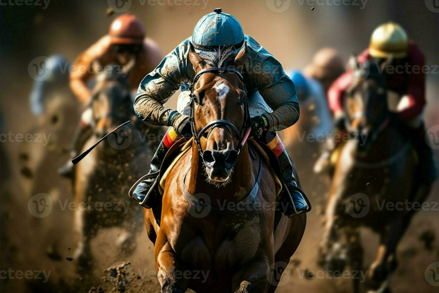 chevaux de course et jockeys violemment combattre pour le premier endroit position ai généré photo