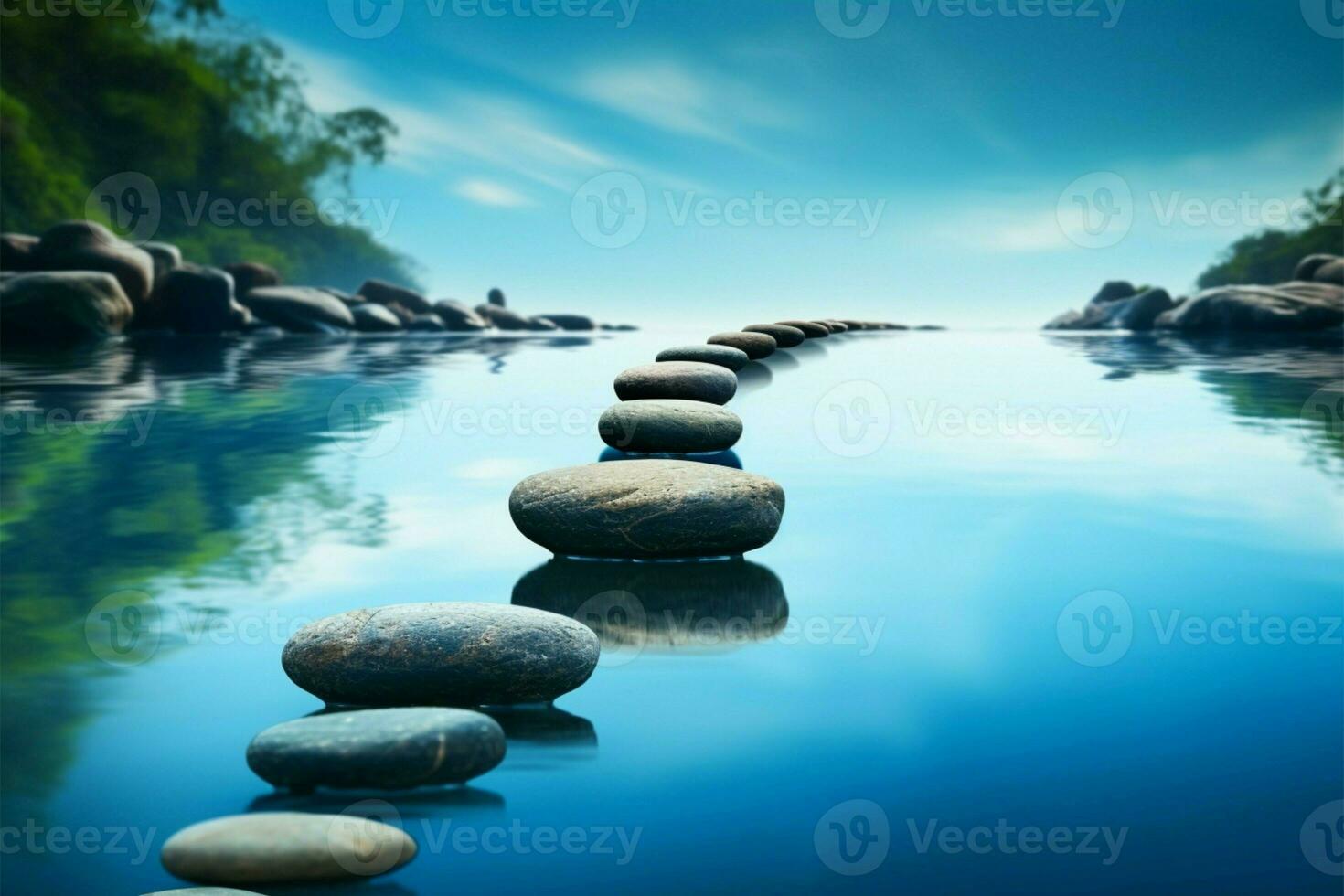faire un pas des pierres dans calme bleu l'eau évoquer une paisible Zen atmosphère ai généré photo