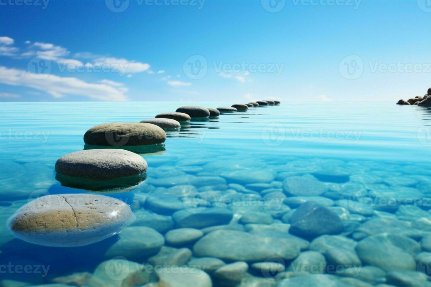 étape des pierres créer une serein sentier dans le calme bleu eau, incorporant Zen ai généré photo