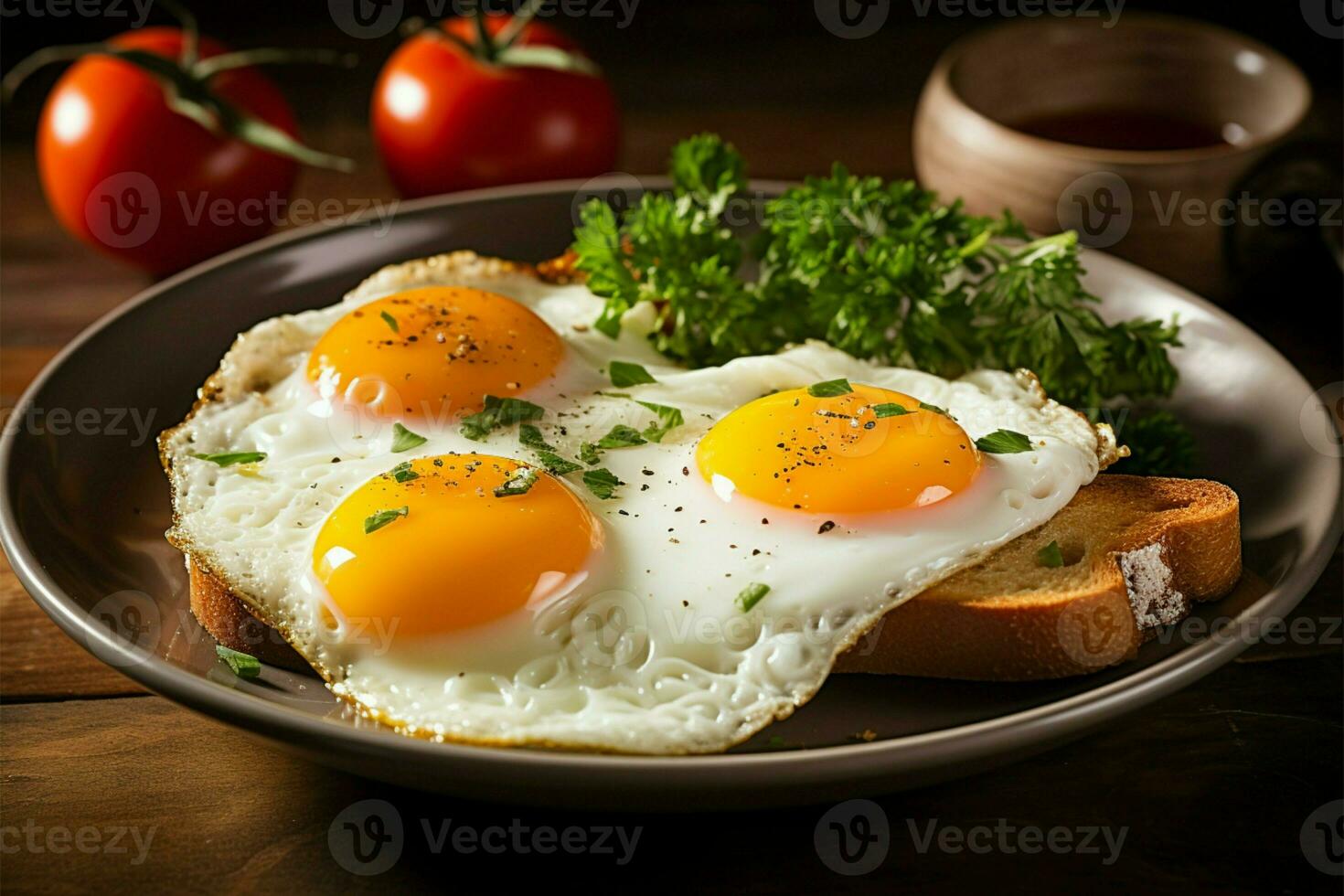 dessus de la table vue de une délicieux frit Oeuf petit déjeuner ai généré photo