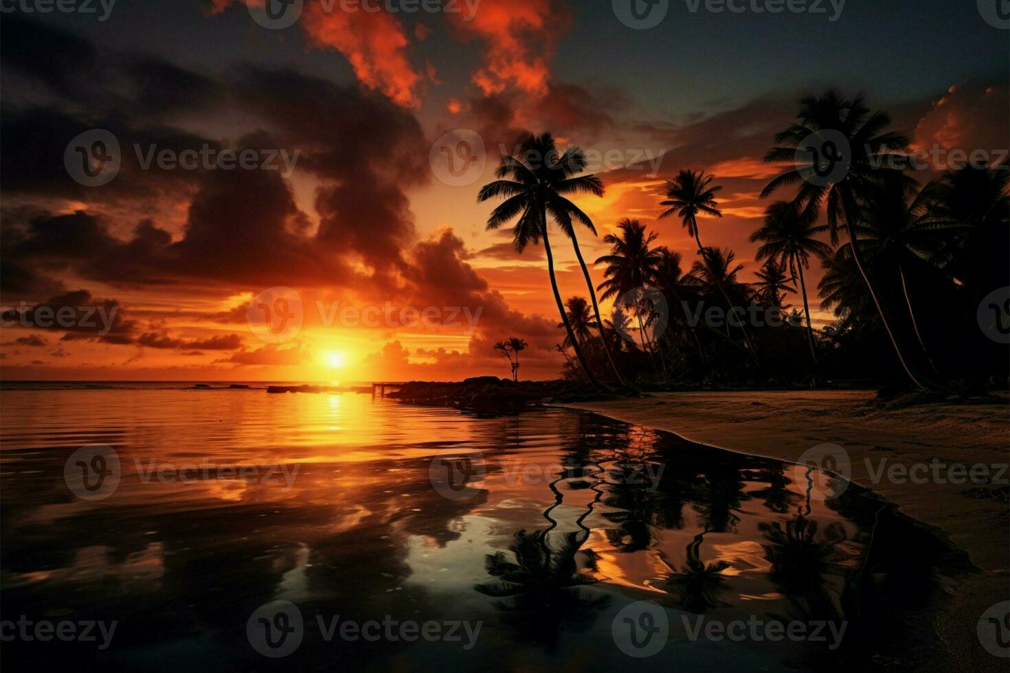 illustration spectaculaire coucher de soleil, noix de coco palmier, et mer réflexion sur tropical plage ai généré photo