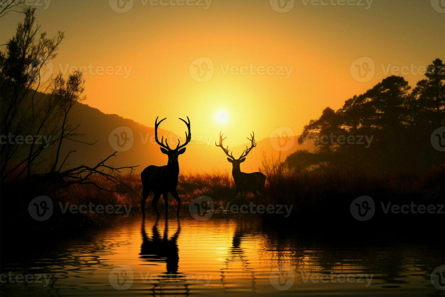 prés tranquillité une cerf silhouette embrasse faune préservation des principes ai généré photo