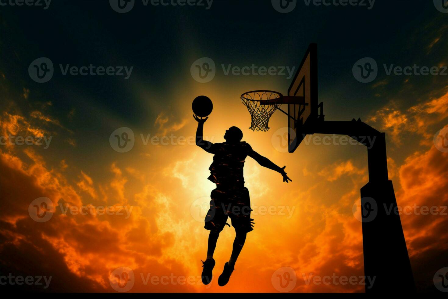 silhouette basketball joueur monte en flèche haute dans un impressionnant, dynamique sauter ai généré photo