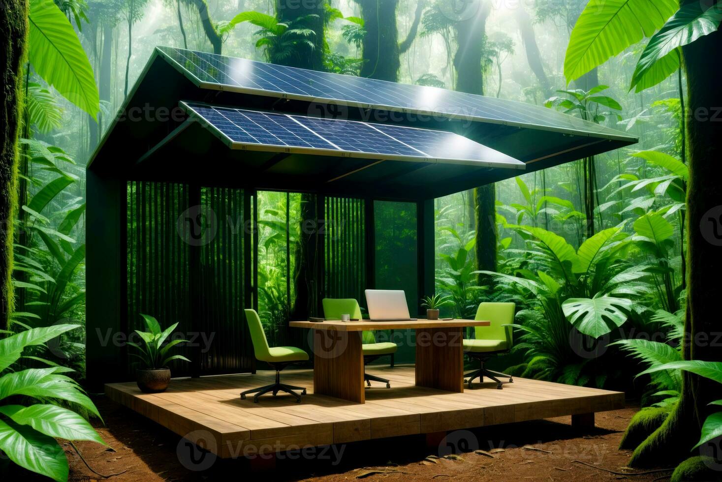 éco oasis, durable Bureau dans vibrant forêt tropicale avec solaire pouvoir, ai généré photo