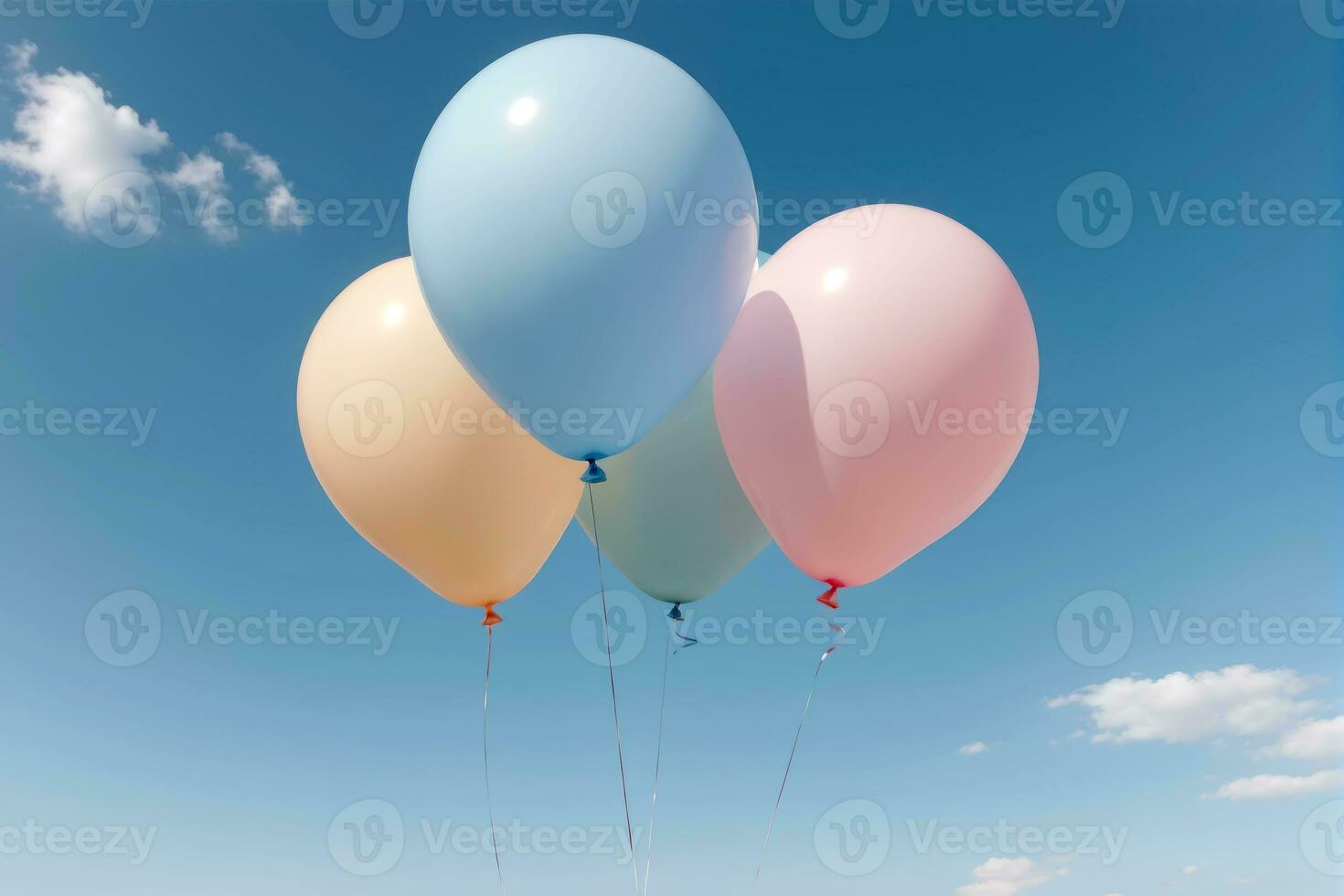 en haut, en haut, et loin, pastel des ballons dans une serein bleu ciel, ai généré photo