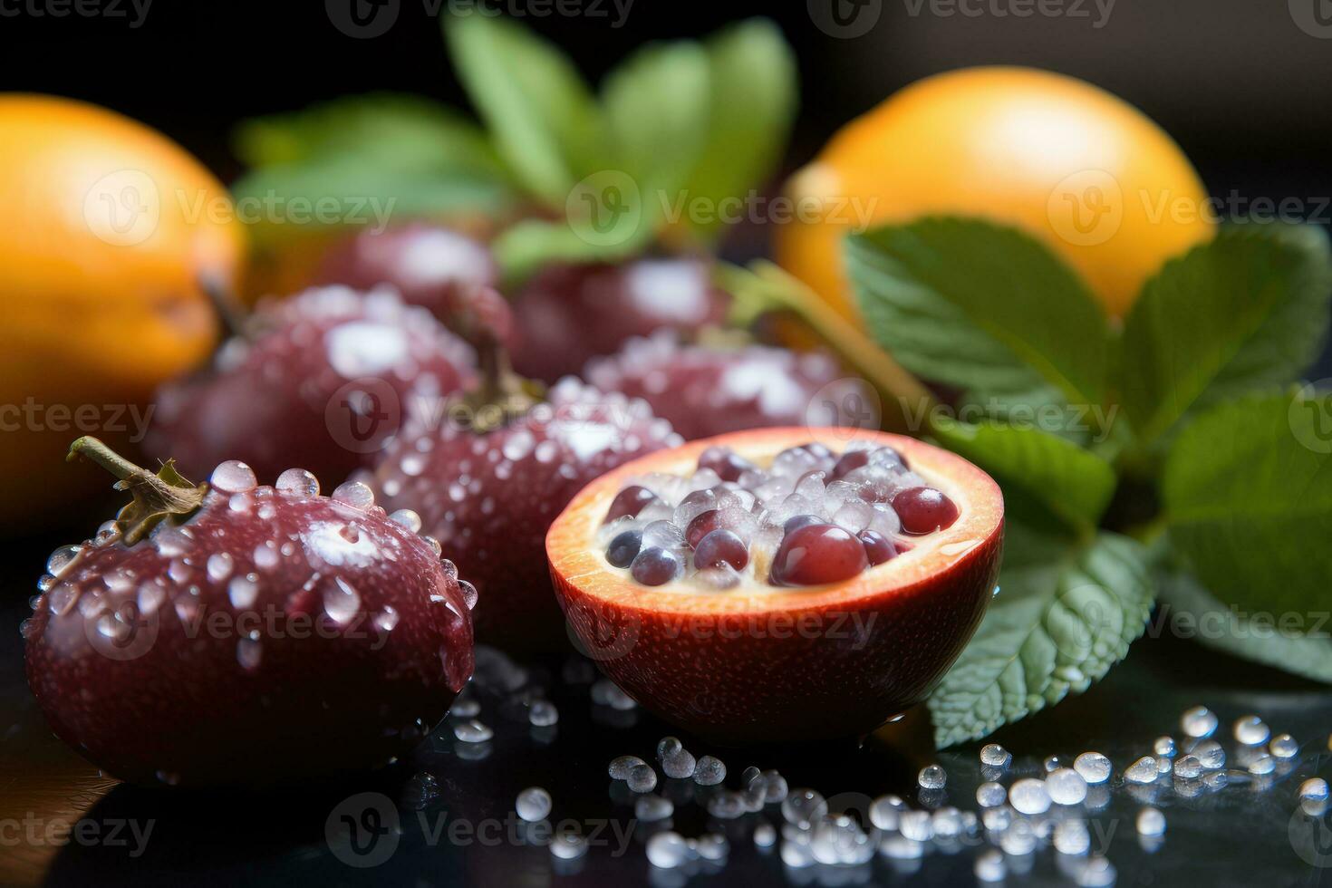violet fruit de la passion dans le cuisine table La publicité nourriture la photographie ai généré photo
