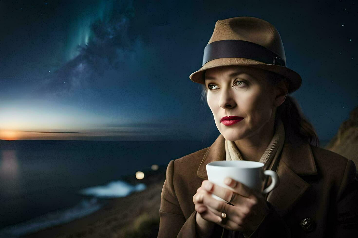 une femme dans une chapeau et manteau en portant une tasse de café. généré par ai photo