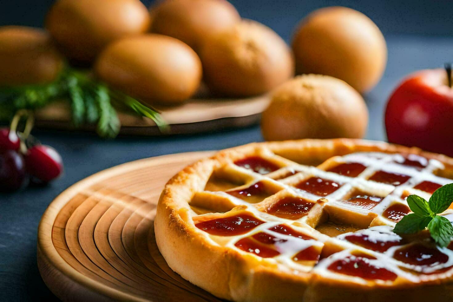 une gaufre tarte avec cerises et pommes sur une en bois plaque. généré par ai photo