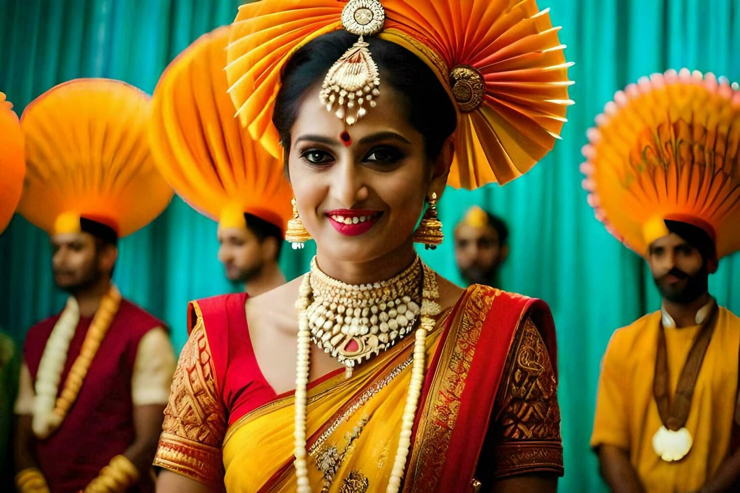 une femme dans une traditionnel Indien robe avec Orange et Jaune Ventilateurs. généré par ai photo