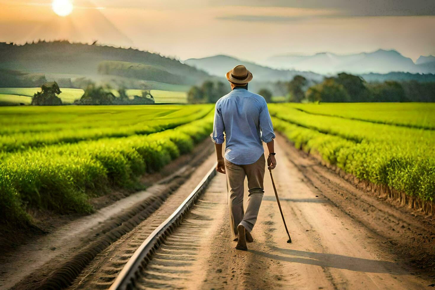 une homme en marchant sur une saleté route avec canne. généré par ai photo