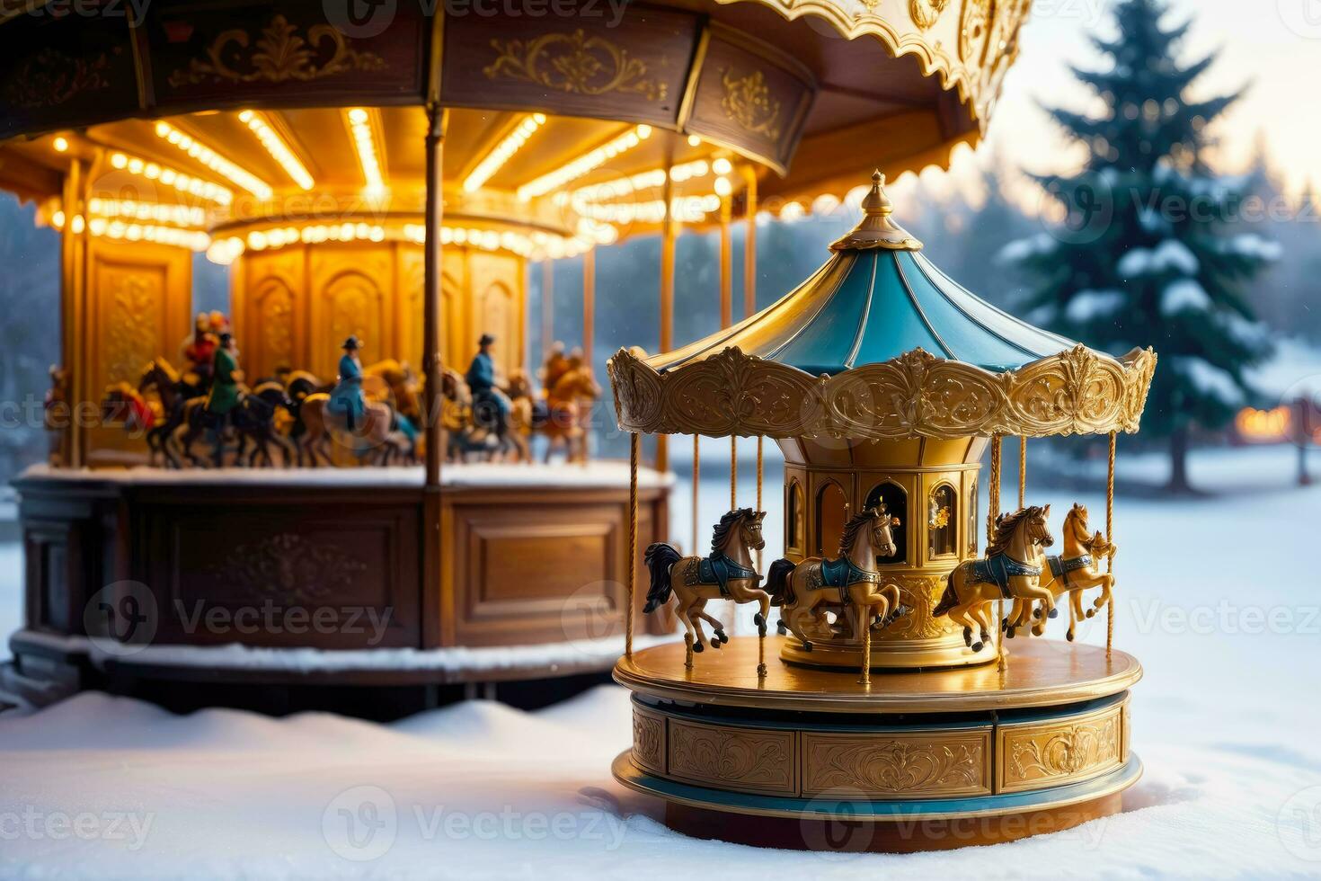 ancien carrousel la musique boîte ajoute nostalgique charme à Noël décor, ai généré photo