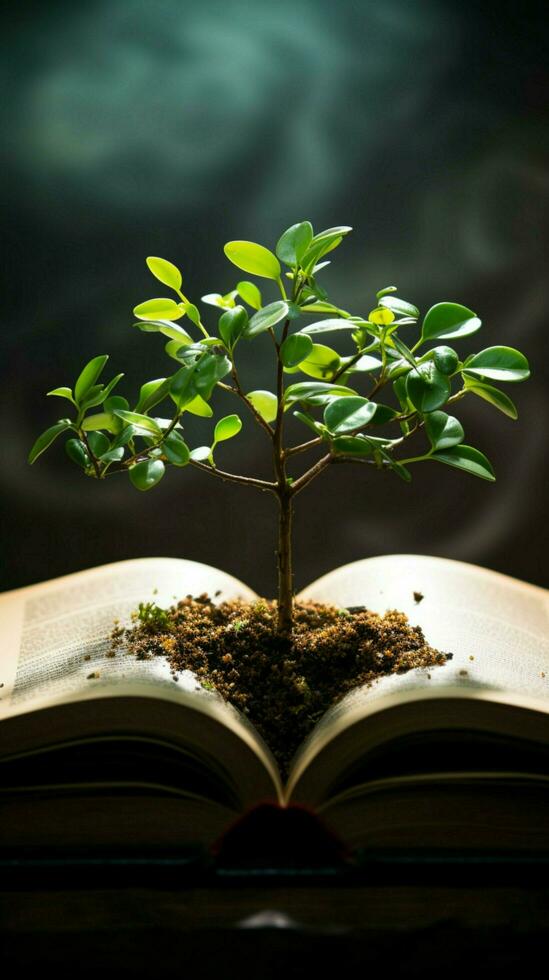 livre pages nourrir une prospère vert usine, une symbole de connaissance croissance verticale mobile fond d'écran ai généré photo