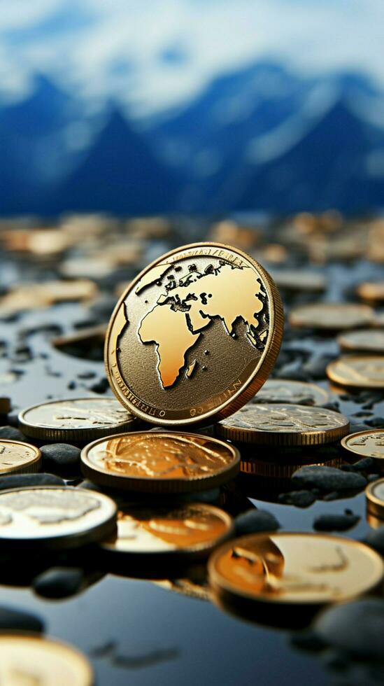 euro pièce de monnaie repose sur un isolé Terre, illustrant financier interdépendance verticale mobile fond d'écran ai généré photo