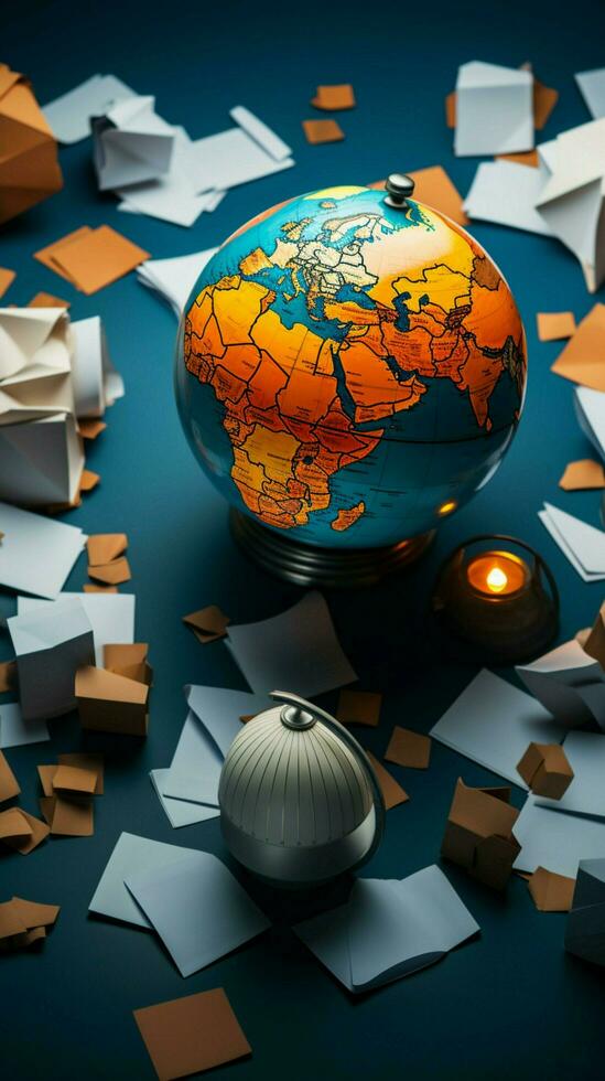 globe et papier feuilles dans un organisé plat allonger arrangement verticale mobile fond d'écran ai généré photo