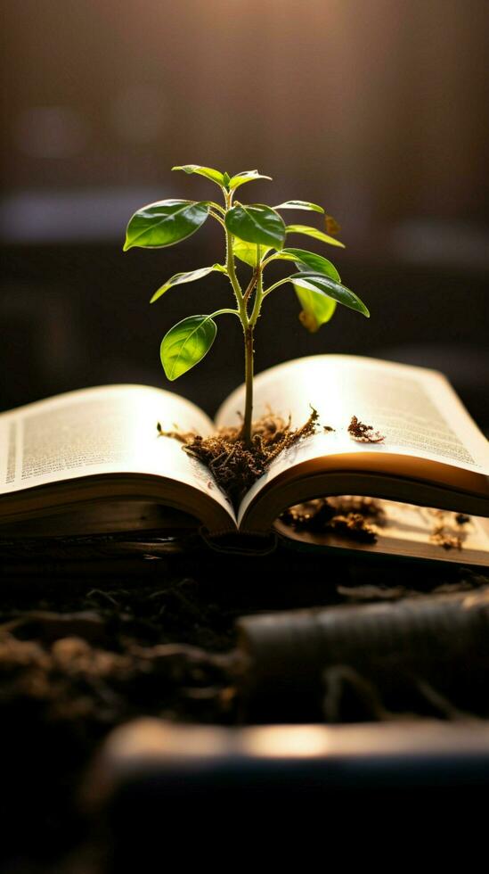 une florissant vert plante grandit de le pages de un ouvert livre verticale mobile fond d'écran ai généré photo