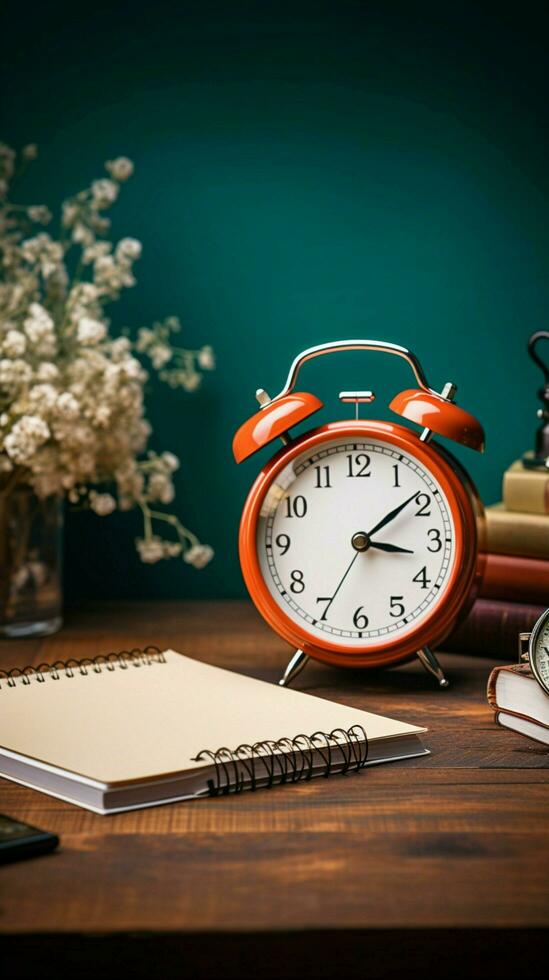ancien style rétro alarme l'horloge repose à côté de Vide Remarque papier sur une en bois table verticale mobile fond d'écran ai généré photo