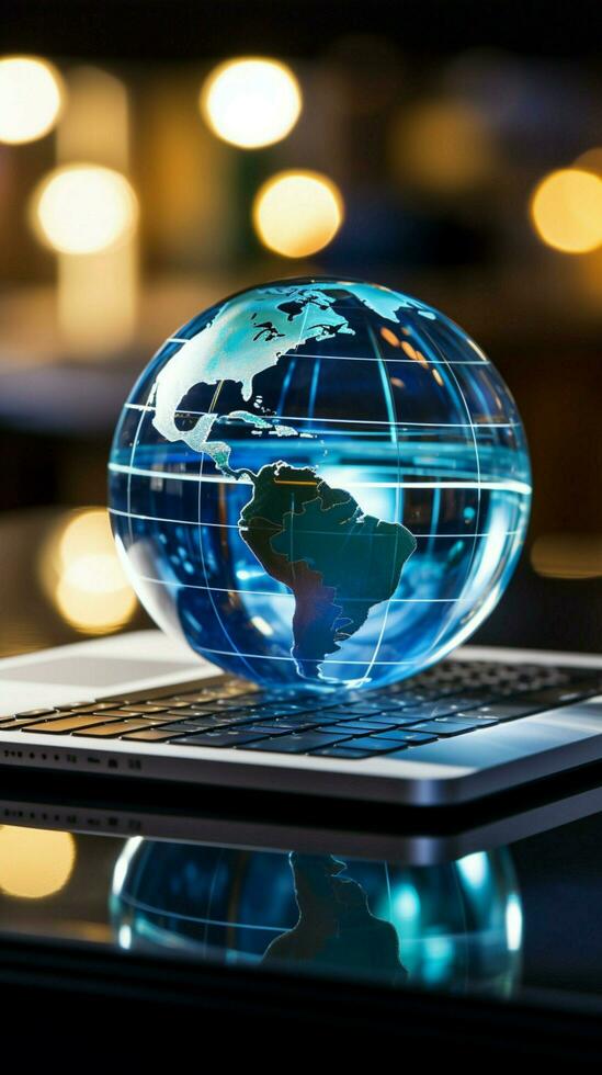 une verre globe sur une portable symbolise une global affaires la perspective verticale mobile fond d'écran ai généré photo