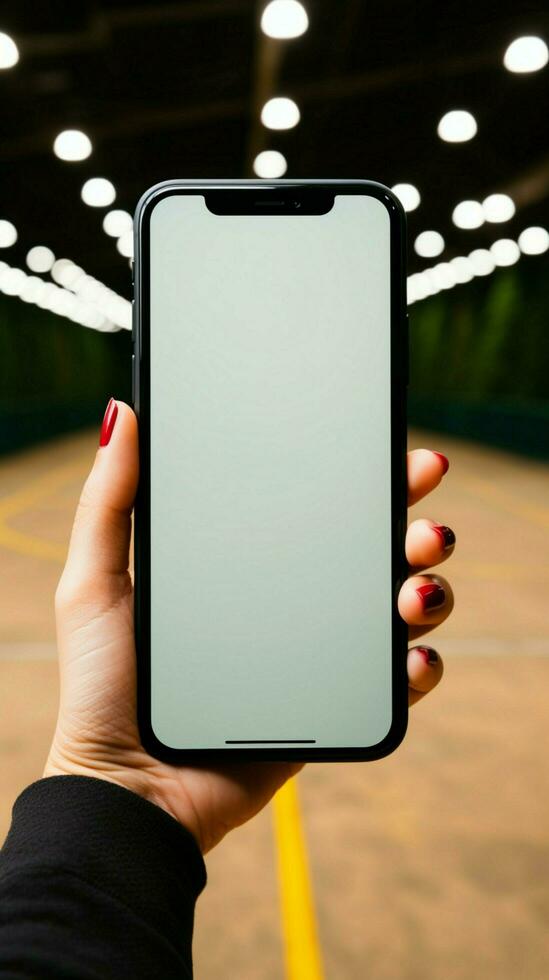 aérien vue de une Jeune femme affichage une Vide écran sur sa téléphone verticale mobile fond d'écran ai généré photo
