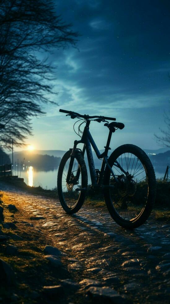 relaxant bicyclette balade sous le foncé nuit ciel, une paisible soir verticale mobile fond d'écran ai généré photo