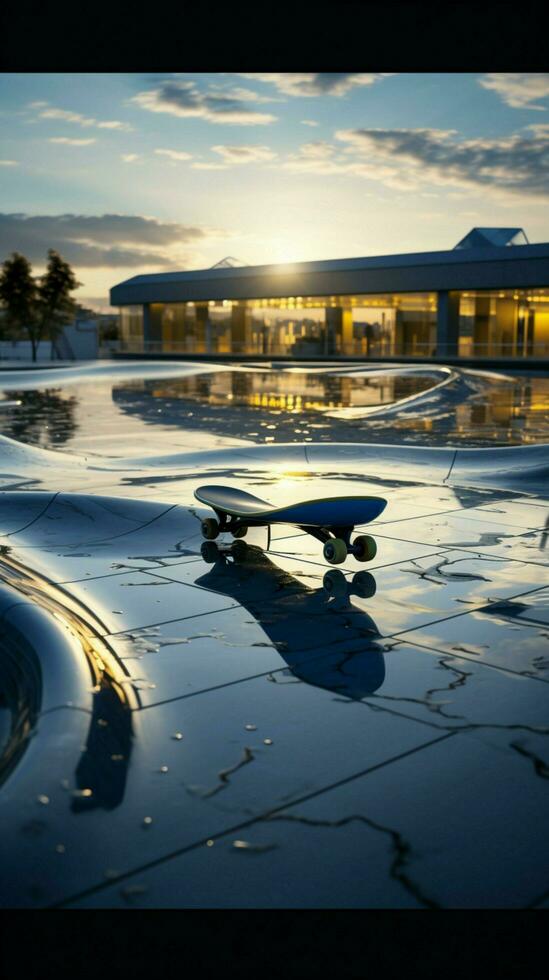 une détaillé vue de une planche à roulette patinoire, capturer ses Urbain ambiance verticale mobile fond d'écran ai généré photo