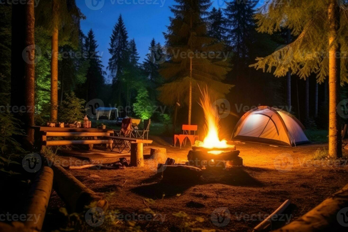 site de camp dans le plage dans le Matin vue La publicité paysage la photographie ai généré photo