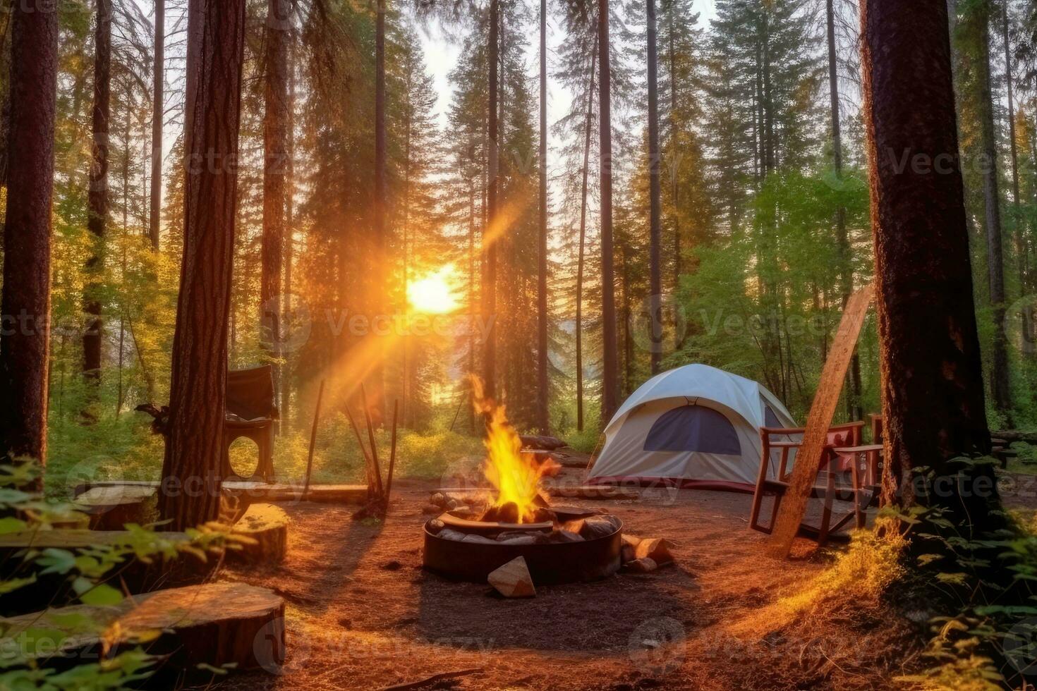 site de camp dans le plage dans le Matin vue La publicité paysage la photographie ai généré photo