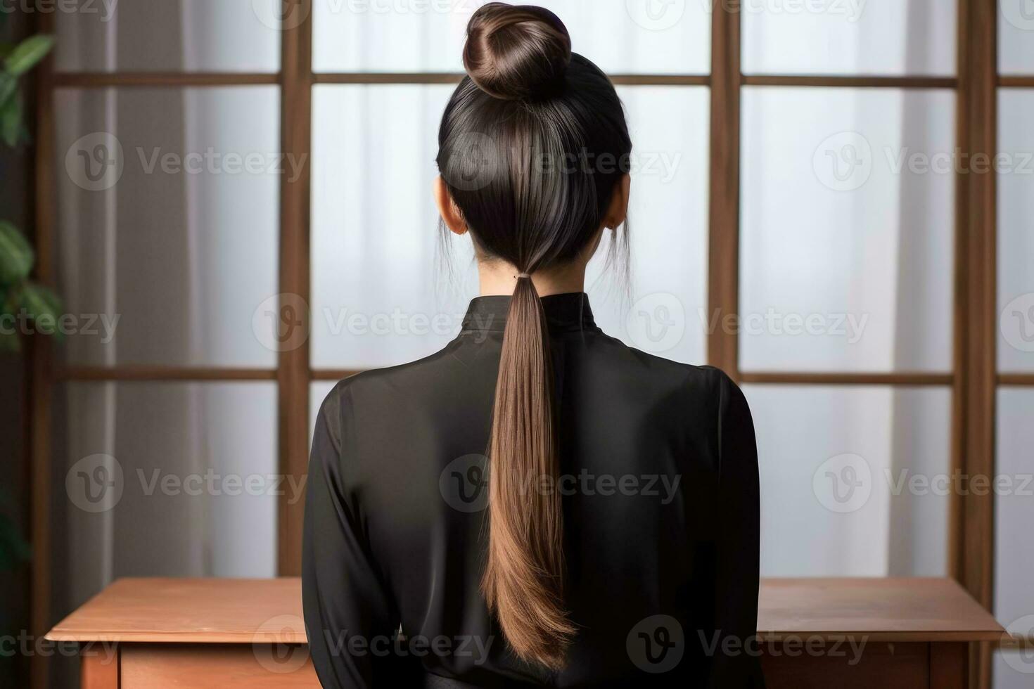 modèle de femmes longue cheveux chignon Regardez de retour ai généré photo