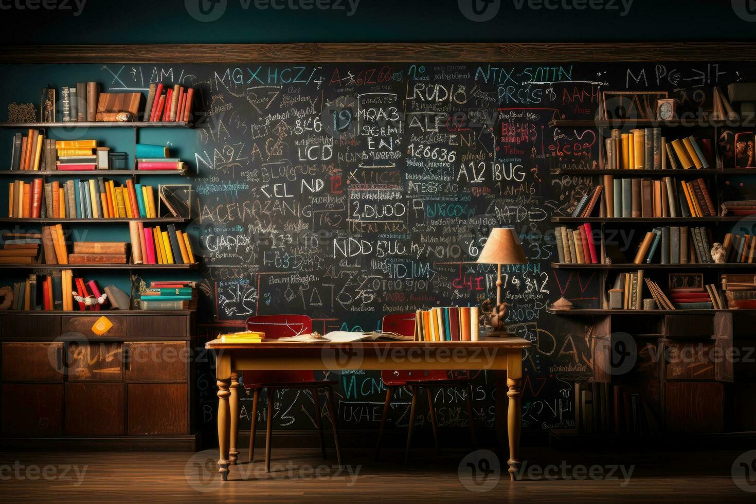 le situation dans le salle de cours Achevée avec une tableau noir ai génératif photo