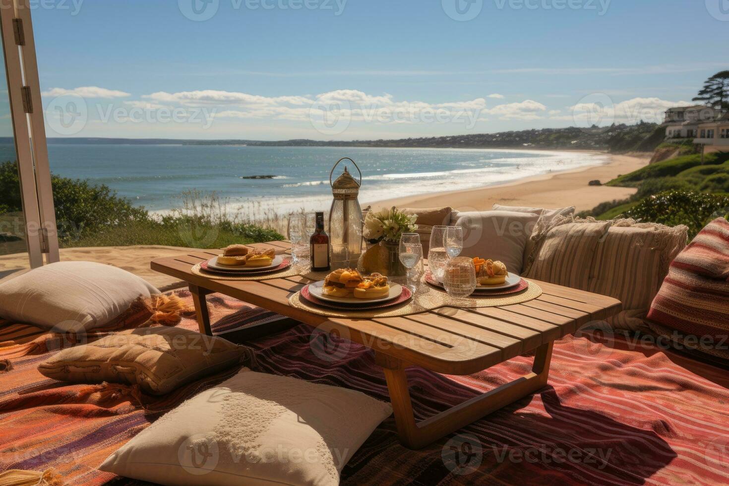 pique-nique sur le tapis plage vue professionnel La publicité la photographie ai généré photo