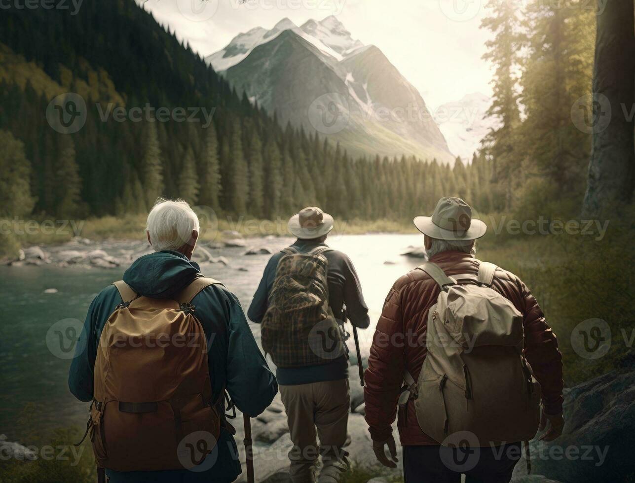 vue de derrière. une groupe de asiatique les personnes âgées randonnée et permanent sur scénique Montagne Piste entouré par grand des arbres et là est rivière fonctionnement profiter la nature. Sénior communauté concepts. génératif ai photo